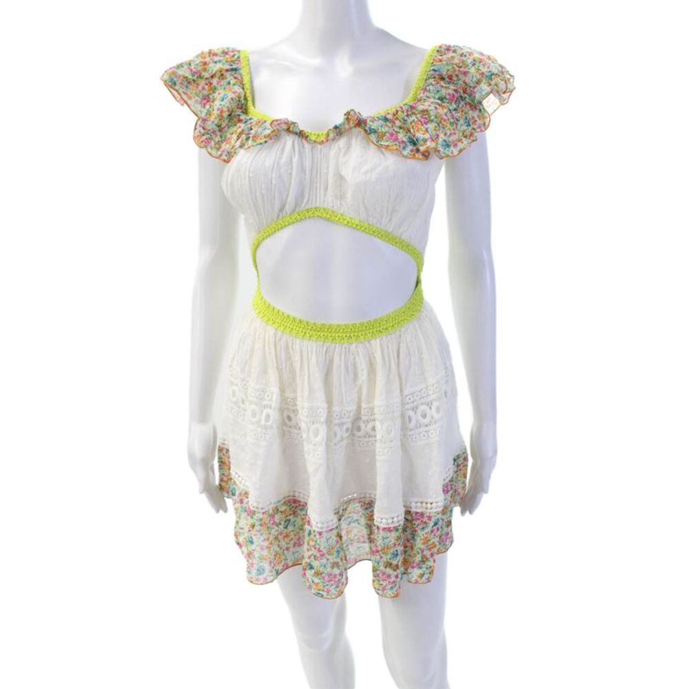 Chio Womens Floral Ruffled Off Shoulder Cut Out Cover Up Dress White Size Small